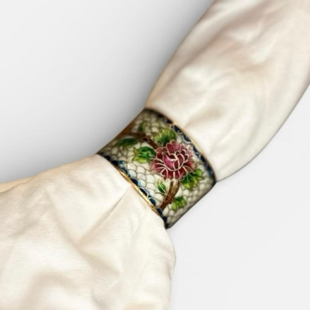 Cloisonne Enamel Decorated Mosaic Glass Napkin Rings Set of 7 Vintage